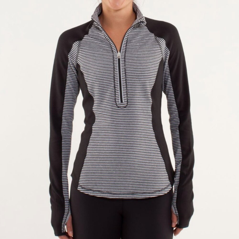 Women Lululemon Run: U-Turn Pullover Mini Check Pique Black White Slim Fit